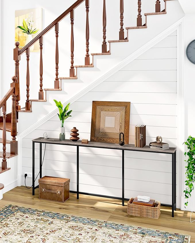 70.9" Narrow Console Table with Power Outlet 7.1" Skinny Sofa Table, Long Behind Couch with Charging Station for Hallway, Living Room Greige and Black TXG18UBG