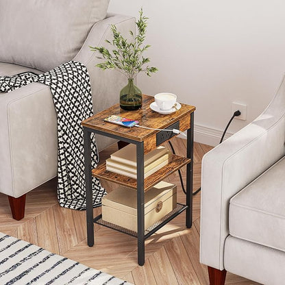HOOBRO Side Table with Charging Station and USB Port, Small End Table for Small Space, 3-Tier Nightstand with Adjustable Shelf, for Living Room, Bedroom and Balcony, Rustic Brown BF112BZ01