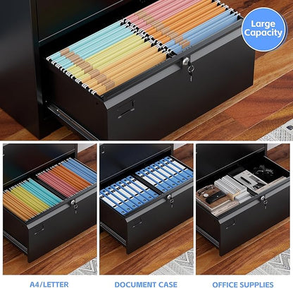 SUXXAN 3 Drawer File Cabinet, Lateral Filing Cabinet with 3 Locks for Home Office, Black File Cabinets with Business Card Holder for Letter/Legal/F4/A4 Hanging Files