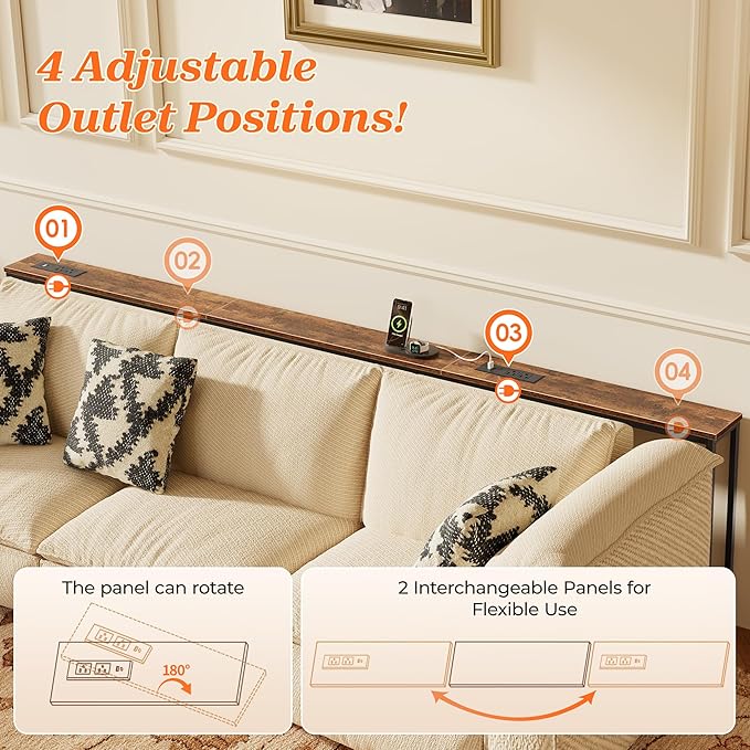 SUPERJARE 94.5 Inch Sofa Table with 2 Power Outlets and USB-C Ports, 5.9 Inch Narrow Console Table with Storage, Long Entryway Hallway Couch Table Behind Sofa, Small Spaces, Living Room, Rustic Brown