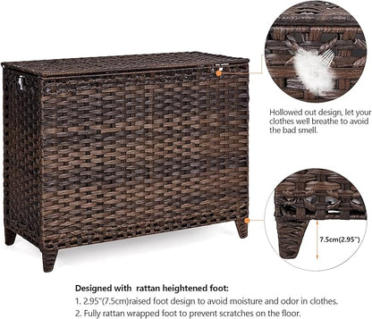 Laundry Hamper with 4 Removable Liner Bags; 176L Handwoven Rattan Laundry Basket with Lid & Heightened Feet; Clothes Hamper with Side Handles (Brown)