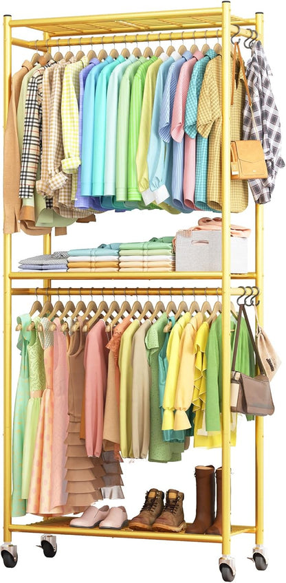Clothes Rack - 33.0" x 12.2" x 79.5" Clothing Rack with Shelves & Wheels, Multi-Functional Wardrobe Closet with Hooks, Sturdy Metal Garment Rack for Bedroom, Laundry, Balcony (Gold)