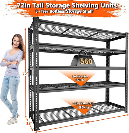 Storage Shelves Heavy Duty, 48" L x 18" W x 72" H Garage Wire Shelving Unit Loads 2800LBS, 5-Tier Adjustable Metal Industrial Utility Shelf Rack for Kitchen, Laundry Room, Pantry, Warehouse, Basement