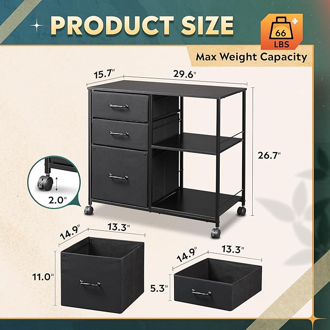 DEVAISE 3 Drawer Mobile File Cabinet, Rolling Printer Stand with Open Storage Shelf, Fabric Lateral Filing Cabinet fits A4 or Letter Size for Home Office, Black