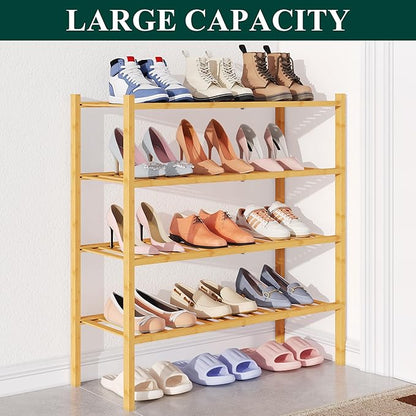 Smiry Bamboo Shoe Rack for Closet, 4 Tier Wooden Stackable Shoe Organizer, Free Standing Shoes Storage Shelf for Entryway, Front Door Entrance, Natural