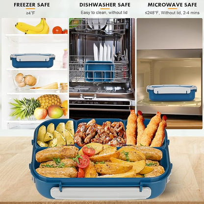 Bento Box, Lunch Box Kids, 1300ML Adult with 4 Compartment &Food Picks &Cake Cups, Containers for Adults/Kids/Toddler, Leak-Proof, Microwave/Dishwasher/Freezer Safe(Blue)
