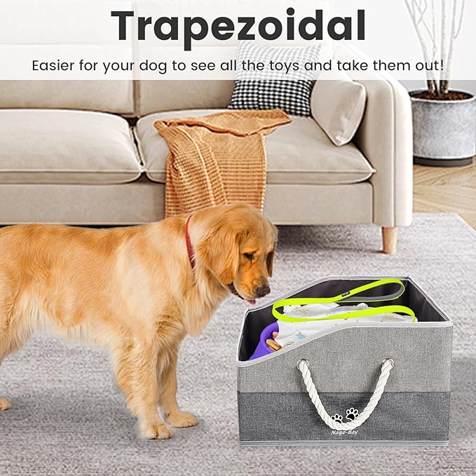 Large Dog Toy Basket With Handle, Foldable Dog Toy Box for Living Room Area, 20" Basket for Dog's Toys, Clothes, Organizers and Storage with Hard Board, Anti-slip for Pet Toys (Gray, Medium)
