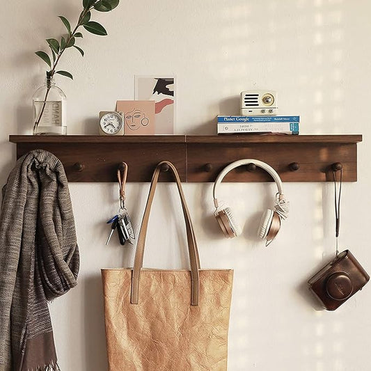 Entrance Coat Rack ，Coat Hooks, Wall-Mounted Wooden Hook Rack, Wall-Mounted Shelves are Very Suitable (Walnut Color Finish—A-2)