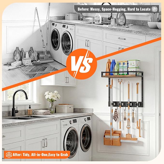 Broom Holder Wall Mount with Shelf Load 66LBS Broom and Mop Organizer Wall Hanging Broom Hanger with 4 Mop Hanger Grippers, 3 Hooks for Laundry Room, Garage, Utility Closet, Kitchen, 2 Packs