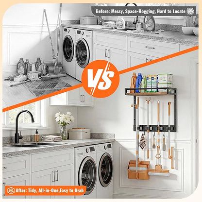 Broom Holder Wall Mount with Shelf Load 66LBS Broom and Mop Organizer Wall Hanging Broom Hanger with 4 Mop Hanger Grippers, 3 Hooks for Laundry Room, Garage, Utility Closet, Kitchen, 2 Packs