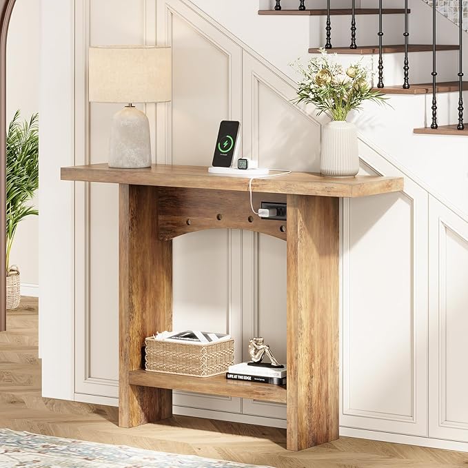 43" Console Table with Charging Station, Farmhouse Entryway Table, Entryway Table with Storage for Living Room or Foyer, Sofa Table for Hallway with Anti-Tip, Easy Assembly, Brown
