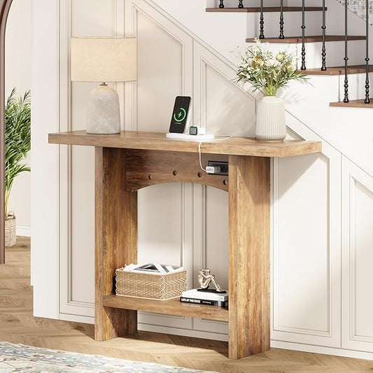 43" Console Table with Charging Station, Farmhouse Entryway Table, Entryway Table with Storage for Living Room or Foyer, Sofa Table for Hallway with Anti-Tip, Easy Assembly, Brown