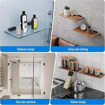 Ranbo 2 Pcs Frameless Glass Clamp Brackets for Shelf and Shower, Heavy Duty Wall Mount Rectangular Holders for 1/4" to 1/2" Panels, Matte Black Finish Hardware