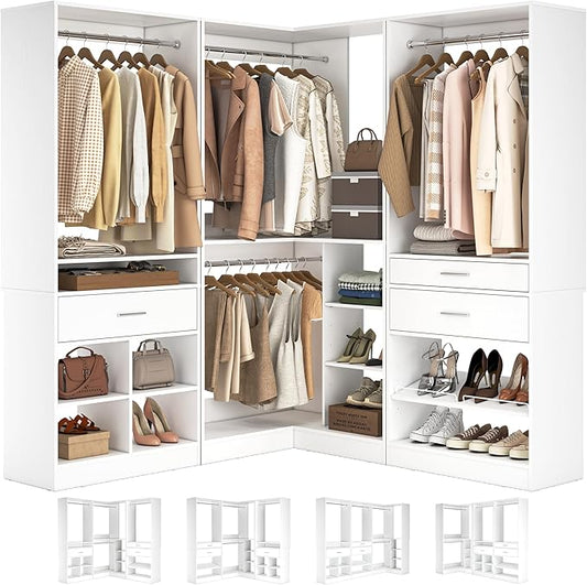 Unikito 86" Corner Closet System, Modular Closets Organizer with 4 Hanging Rods and Storage Shelves, Freestanding Adjustable Wood Clothes Garment Rack with Drawers, Sturdy Walk in Closet Tower, White