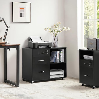 Yaheetech Black File Cabinet with Lock for Letter, A4 Size,3 Drawer Lateral Cabinet Printer Stand with Open Storage Compartments for Home Office, Black