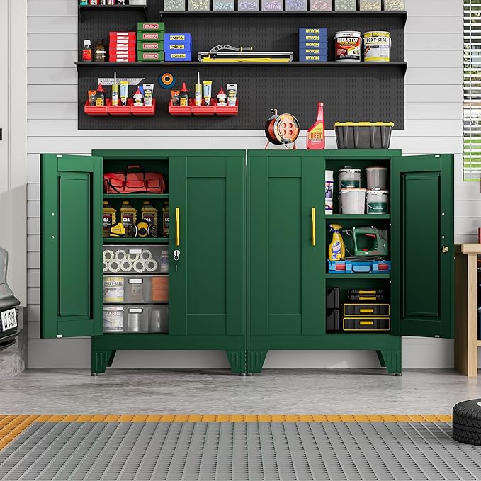 Green Sideboard Buffet Cabient, 35.83" Steel Kitchen Pantry Storage Cabinet with 2 Doors and 2 Adjustable Shelves, Bathroom Floor Storage, Freestanding Cupboard for Office/Kitchen/Home