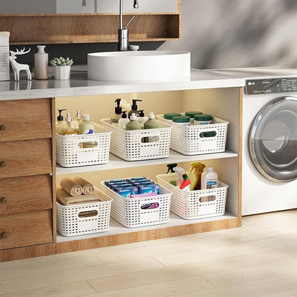 Plastic Storage Basket with Lids 12 Pack Stackable Storage Bins Containers with Lid, Decorative Storage Boxes for Organizing Shelves, Drawers, Playroom, Classroom, Office, Closet, White