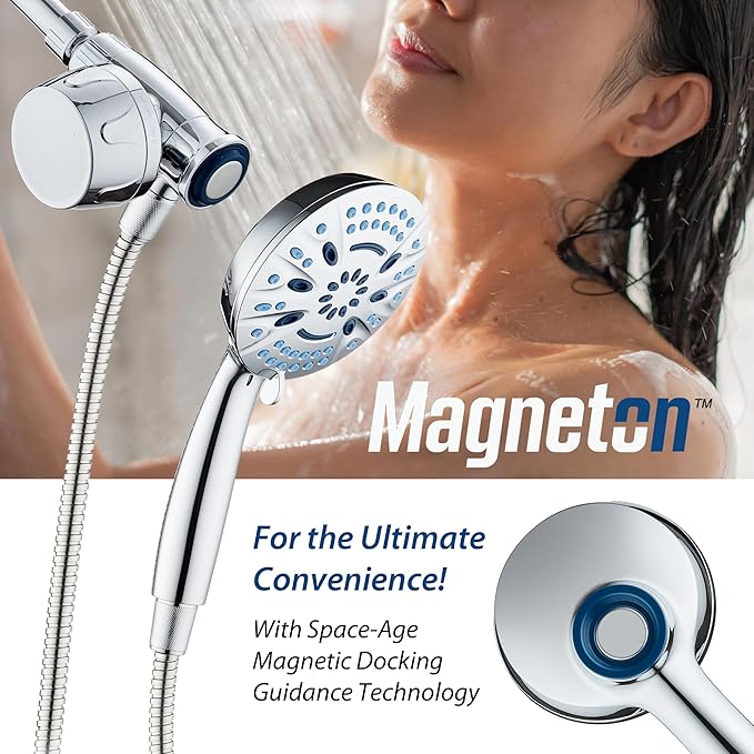 AquaCare Magneton 8-setting Magnetic Docking Hand Shower with Built-in Shower Filter - On/Off Filtration Modes, Instant Cartridge Reload, Stay-Clean KDF Cartridge, 6 ft. Steel Hose, Chrome Finish