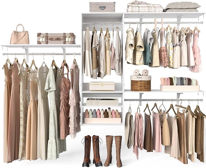 96 Inch Hanging Closet System, 8 FT Closet Organizer System with Hanging Rod, Walk In Mounted Closet System, Built-In Clothes Garment Rack with 3 Shelving Towers(Can Be Cut To Fit), White
