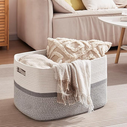 OIAHOMY Large Blanket Basket, 22”x17”x12” Rectangle Woven Baskets, Nursery Blanket Storage Living Room, Toy Storage With Handle, Large Baskets for Organizing-Grey/White