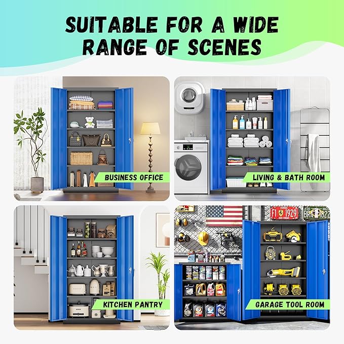 SUNCROWN 72" Metal Storage Cabinet - Heavy-Duty Metal Garage Cabinet with 4 Adjustable Shelves & 2 Doors for Tools, Office, Home, Workshop,Black & Blue