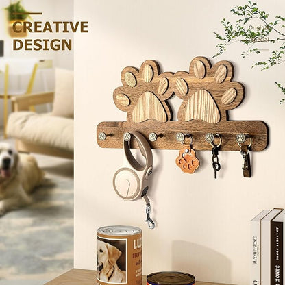 MTERSN Cute Dog Leash Holder for Wall - Dog Stuff Organizer & Key Holder Wall Mount with Floating Shelf and 6 Hooks for Room Decor - Retro Style Gift for Apartment Essentials (Acacia Wood)