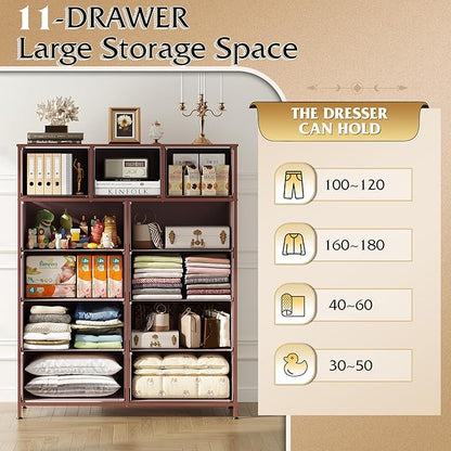 WLIVE Tall Dresser for Bedroom, Fabric Dresser Storage Tower, Chest of Drawers Organizer Unit with 11 Drawers, Storage Cabinet, Hallway, Closets, Steel Frame, Wood Top, Pink