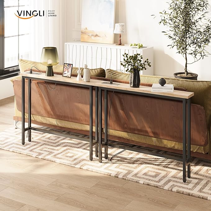 VINGLI 79" Console Table with Charging Station, 5.9" Narrow Sofa Table Set of 2, Entryway Table with Power Outlet & 4.9 Ft Extension Cord & Adjustable Feet, for Living Room, Hallway, Oak