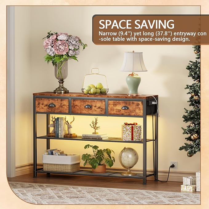 Furologee Console Table with Charging Station & 3 Fabric Drawers, 38'' Entryway Table with Storage Shelves and LED Light for Entry Way, Industrial Display Shelf for Hallway, Foyer, Rustic Brown | 3 Fabric Drawers, Storage Shelves, LED Light, Entry Way,...