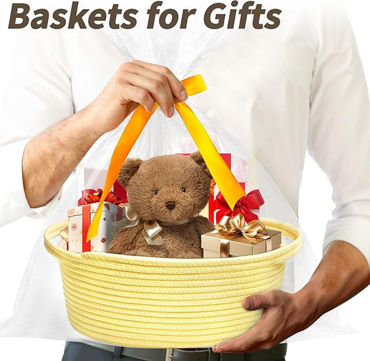 Pro Goleem Small Woven Basket with Gift Bags and Ribbons Durable Baskets for Gifts Empty Small Rope Basket for Storage 12"X 8" X 5" Baby Toy Basket with Handles, Yellow