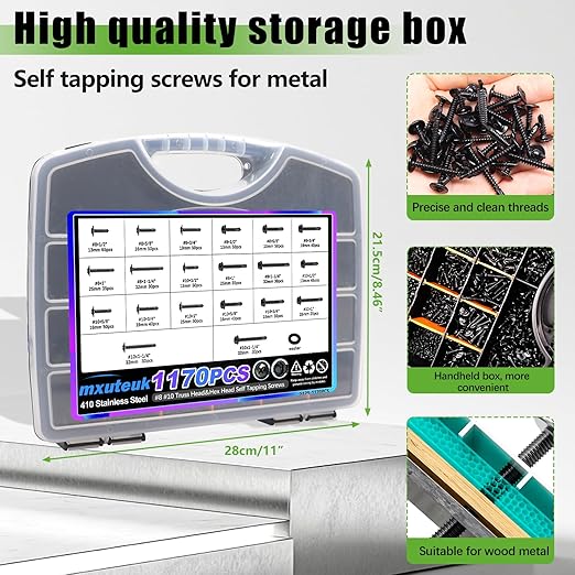 mxuteuk 1170PCS #8#10 Self Tapping Screws for Metal,410 Stainless Steel Self Drilling Screws,Truss Head & Hex Head 1/2" to1-1/4'' Self Tapping Screw for Plastic(800pcs Screw+370pcs Washer)
