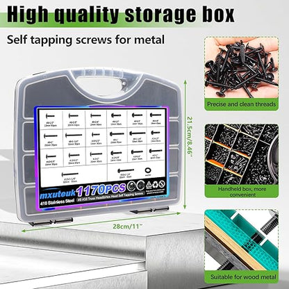 mxuteuk 1170PCS #8#10 Self Tapping Screws for Metal,410 Stainless Steel Self Drilling Screws,Truss Head & Hex Head 1/2" to1-1/4'' Self Tapping Screw for Plastic(800pcs Screw+370pcs Washer)