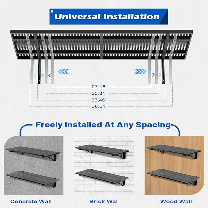 YOLENY 2-Pack 1.64x4FT Adjustable Garage Wall Shelving, 500lbs Load Capacity Heavy Duty Wall Mount Storage Shelf, Metal Floating Shelves Organizer for Workshop, Garage Storage Rack with Hooks