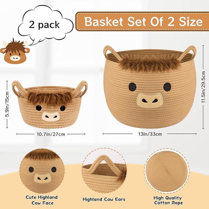 Highland Cute Cow Basket Set for Nursery, Woven Storage Cotton Rope Basket, Baby Blanket 0rganizer with Ears Handles, Blanket Towel Decor Toy Clothes Gifts Storage Cat Dog Bin, Pack of 2