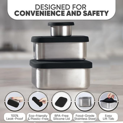 Flexibento - Leak proof Stainless Steel Bento Box | Stainless steel Snack Containers | Food Containers with Silicone Lids | Metal Food Containers| Bentobox - Black, 52 Oz Set (set of 5)