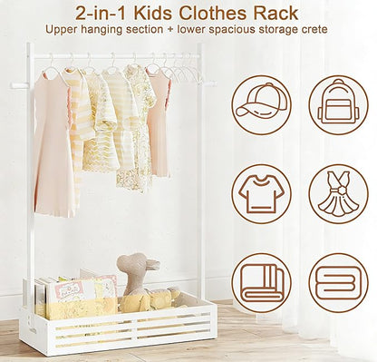 Kids Clothing Rack for Toddler, Pets Clothes Rack with Storage Box & Hanging Rod for Dogs/Cats, Baby Clothes Closet Stand for Nursery Room (White, Kids)