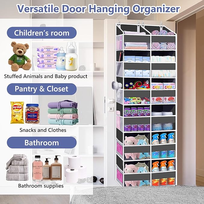 Heavy Duty Over The Door Organizer 6 Tiers, Extra Large Behind Door Storage of 12 Big Front & 12 Mesh Pockets, 80lb Weight Capacity, Hanging Doors Storage Organizer for Closet Bedroom Nursery, Grey