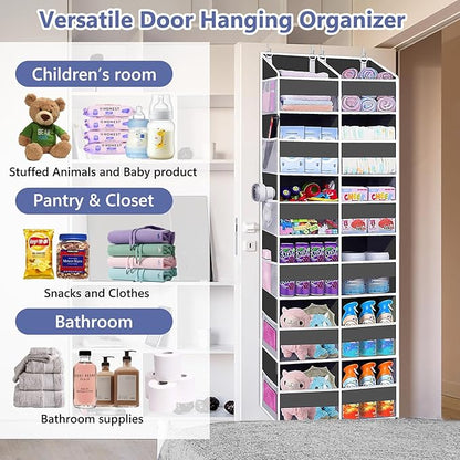Heavy Duty Over The Door Organizer 6 Tiers, Extra Large Behind Door Storage of 12 Big Front & 12 Mesh Pockets, 80lb Weight Capacity, Hanging Doors Storage Organizer for Closet Bedroom Nursery, Grey
