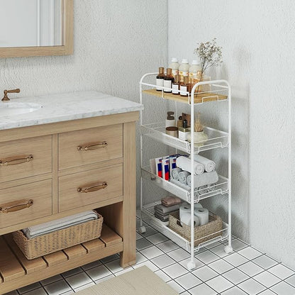 Sekey 4 Tier Rolling Cart Metal, Slim Storage Cart for Kitchen, Mobile Utility Cart with Wooden Top, Narrow Organizers and Storage with Universal Wheels, for Small Space, Bathroom, Laundry Room, White