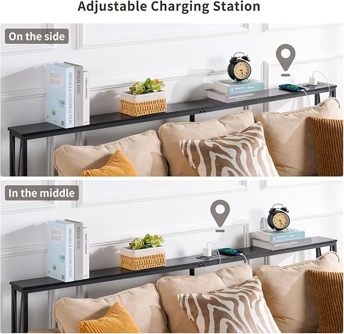 ELYKEN 5.9" Narrow Console Sofa Table with Power Outlets, 5.9" Dx70.9 Wx31.5 H Long Skinny Behind Couch Table with Charge Station and 6.5'Extension Cord, Black