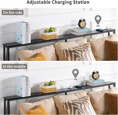 ELYKEN 5.9" Narrow Console Sofa Table with Power Outlets, 5.9" Dx70.9 Wx31.5 H Long Skinny Behind Couch Table with Charge Station and 6.5'Extension Cord, Black