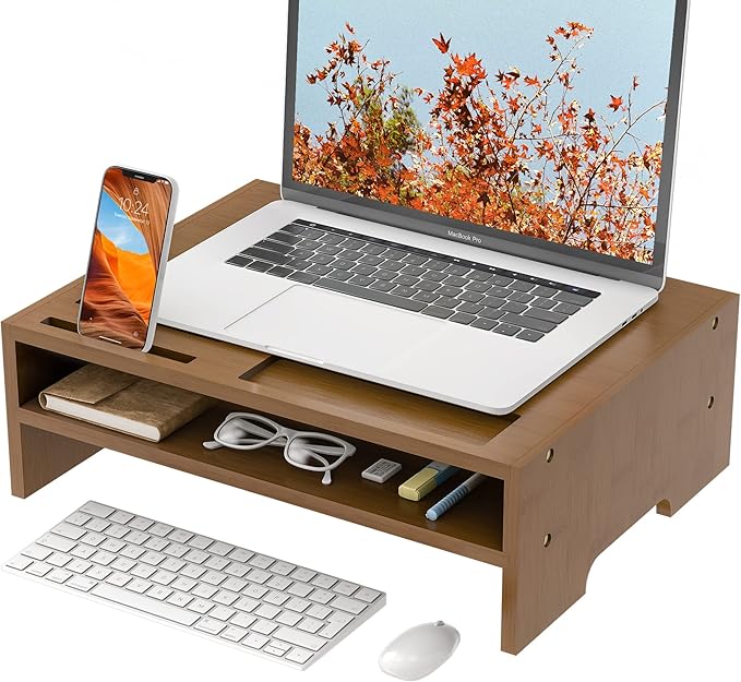 Monitor Stand Riser with Storage Organizer Desktop with Cooling Holes Bamboo Laptop Riser Shelf for Office and Home Use 16.7x11.8x5 inch (Walnut)