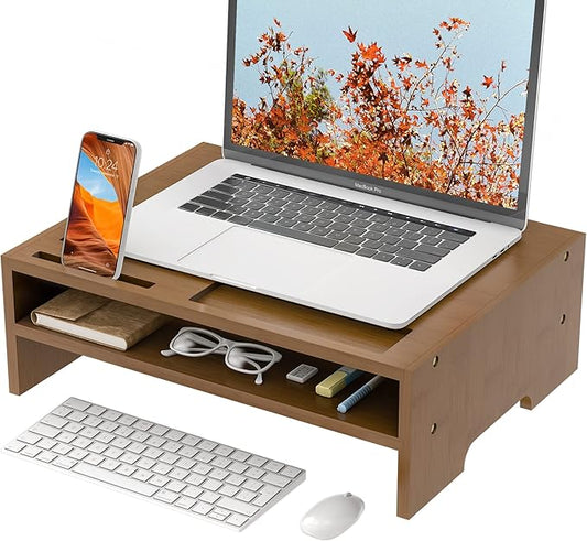 Monitor Stand Riser with Storage Organizer Desktop with Cooling Holes Bamboo Laptop Riser Shelf for Office and Home Use 16.7x11.8x5 inch (Walnut)