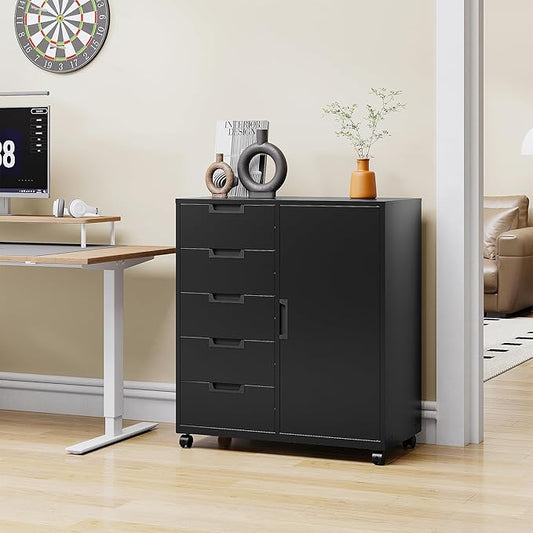 5 Drawer Metal Cabinet, Office Storage Cabinet w/Universal Wheels, Printer Stand with Storage Shelves, Rolling File Cabinets for Home Office(Black)