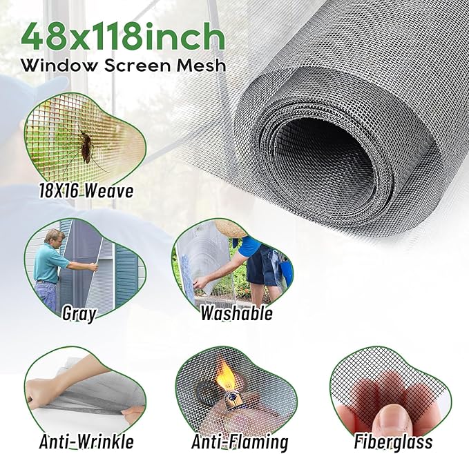 King&Charles Window Screen Door Mesh, Window Screen Replacement/Repair Kit, 48”x118” Fiberglass Gray Mesh, Durable&Visibility & Cuttable & Washble, Easy to Replace/Install/DIY.