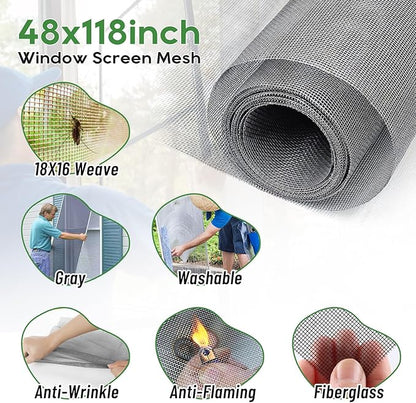King&Charles Window Screen Door Mesh, Window Screen Replacement/Repair Kit, 48”x118” Fiberglass Gray Mesh, Durable&Visibility & Cuttable & Washble, Easy to Replace/Install/DIY.