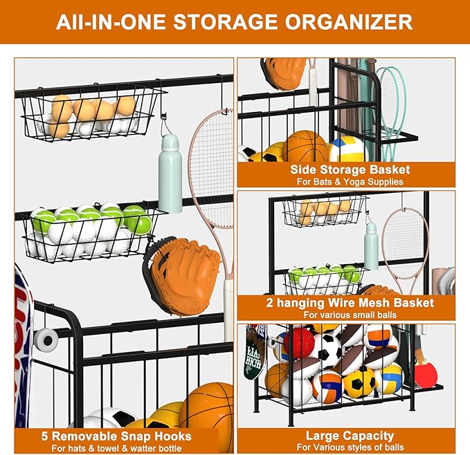 Shinoske Sports Equipment Organizer, Garage Storage Rack With Hooks and Baskets,Multi Use Large capacity Ball Storage Rack for Basketball,Football, Soccer, Bat, Toys,Indoor/Outdoor Use,Black