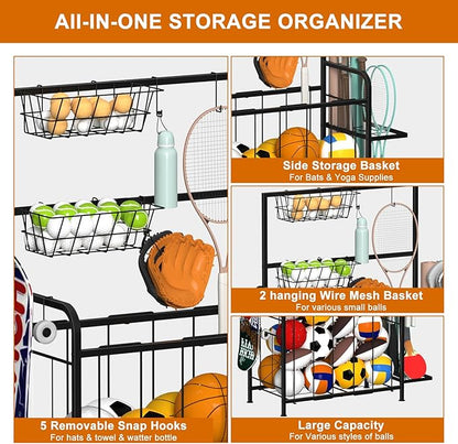 Shinoske Sports Equipment Organizer, Garage Storage Rack With Hooks and Baskets,Multi Use Large capacity Ball Storage Rack for Basketball,Football, Soccer, Bat, Toys,Indoor/Outdoor Use,Black