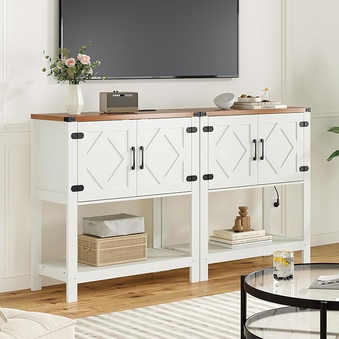 Entryway Console Table with Power Outlets and USB Port, Coffee Bar Cabinet with Doors, Farmhouse Kitchen Cabinets Sofa Table with Storage for Hallway, Foyer, Living Room, Deep Walnut Panel