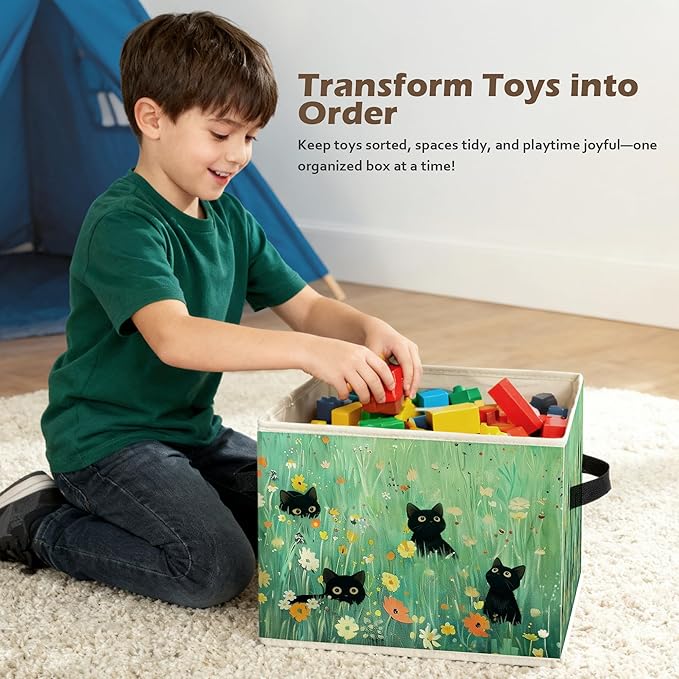 Floral Black Cat Green Meadow Storage Box Bins, Wildflower Filed Black Cat Collapsible Storage Basket Organizer for Girls Bedroom Laundry Room Home Clothes Toys Books, Toybox for Girls